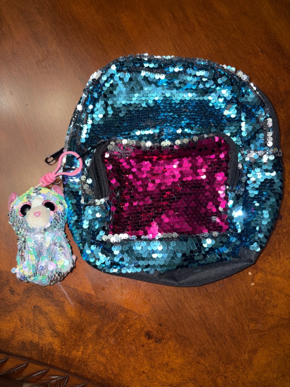 Sparkling Blue Sequin Kids Backpack with Pink Pocket and Plush Charm